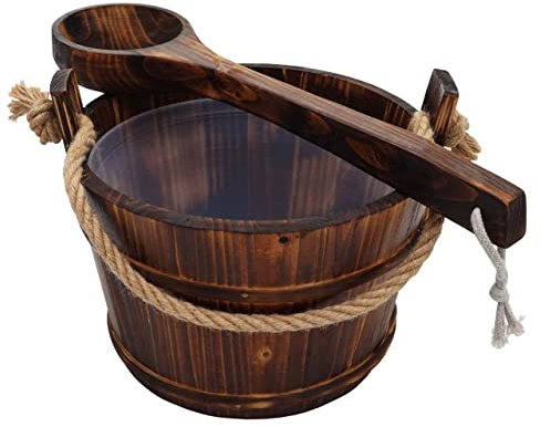Saunakübel mit Einsatz HWC-B26AM, Saunazubehör Saunaeimer Saunakelle Aufguss, Kiefernholz 3,5 L - dunkel-braun