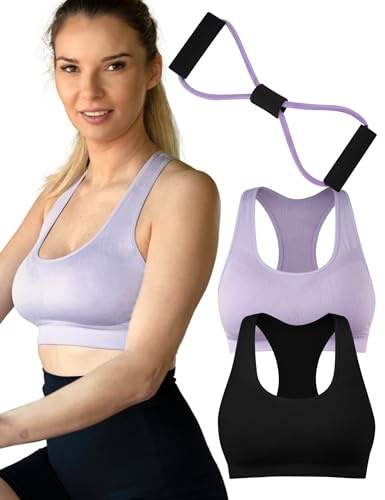 MOMO WAY Set Sport BH Och Chest Expander för Kvinnor Bekväma Bustiers Topp Stöd för Yoga Gym Exercise Fitness Sport BH + Expander 3 Stycken M