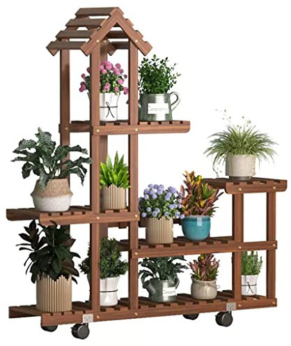 GIZNXBA Blumenständer Fensterbank Blumenregal Holz 5-Tier, Pflanzenregal Mit Rädern Blumentreppe Pflanzentreppe Für Topfblumen Blumenbank Für Draußen Den Garten