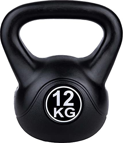 Fitforce Kettlebell 12kg – Zementgefüllt mit robuster Kunststoff Ummantelung – langlebige Kugelhantel für Fitness, Krafttraining & Core Workouts - Kettle Bell schwarz