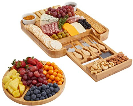 JumblWare Bambus-Käsebrett und Obstteller. Die Charcuterie-Kombination umfasst einen hölzernen Käse- und Fleischheber mit Messerset und Serviertablett. Einzigartiges Geschenk für Frauen und Männer