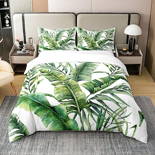 Homewish 100% Organic Cotton Palm Leaf Bedding Set Banana Leaf Duvet Cover Hawaiian Tropical Leaf Branch Quilt Cover Tropical Plant Soft Comfy Comforter Cover for Adult,White 3 Pcs Double