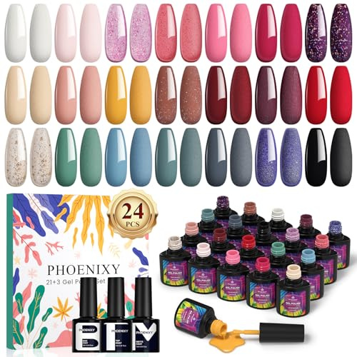 Phoenixy 24Pcs Pintauñas Semipermanentes, 7ml 21Colores Esmaltes Semipermanentes con Capa Base Capa Superior y Mate, Esmaltes Semipermanentes para Uñas con Rojo, Negro, Morado, Azul