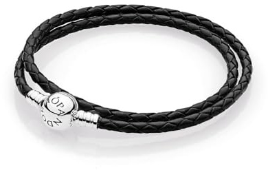 PANDORA Moments doppeltes schwarzes Lederarmband mit Kugelverschluss aus Sterling Silber, Kompatibel Moments, Größe: 44cm, 590745CBK-D4