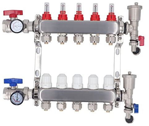 Fockety Collettore di Calore radiante a 5 Loop, Collettore PEX in Acciaio Inox da G1in Kit collettore per Riscaldamento radiante a Pavimento per Riscaldamento radiante idronico a Pavimento