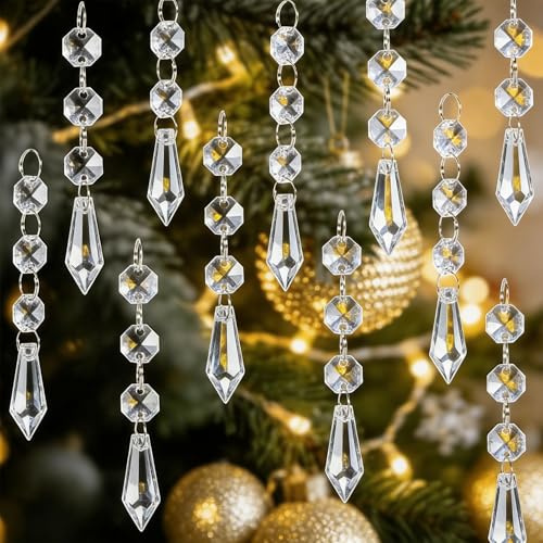 MAQIHAN 30PCS Christmas Crystal Ornaments - Icicle Hanging Crystals Clear Plastic Ornaments Strands Chandelier Parts Dangling for Christmas Tree Winter New Year Party Supplies