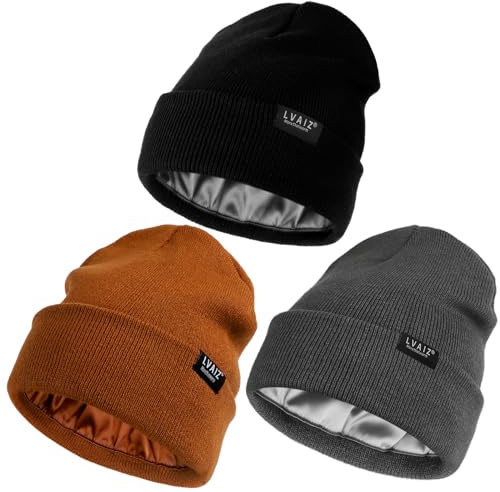 3-pack satinfodrade mössor för kvinnor män vinter silke fodrad mjuk varm stickad manschett mössor bomull virkad slouchy skalle keps, Svart+brun+mörkgrå, one size