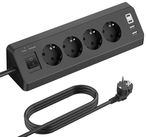 SUDEERY Ciabatta elettrica a 4 scomparti con USB C, presa angolare angolare 4 USB con interruttore, presa da scrivania, protezione da sovratensione con cavo da 3 m, per cucina (nero)