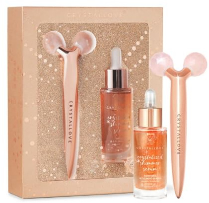 CRYSTALLOVE Rose Quartz 3D Lift & Sculpt Set - 3D Gesichtsmassager aus Rosenquarz + 30 ml Serum, Gesichtsmassage-Set