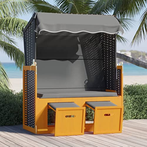 Chaduof Strandkorb mit Dach, Strandkörbe, Roofed Beach Chairs, Strandkorb Für Draußen, Poly Rattan & Massivholz Schwarz Anthrazit