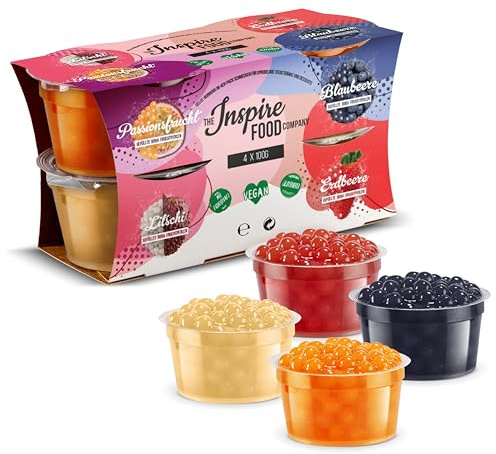 INSPIRE FOOD Bubble Tea Perlen Set | 4-er Pack Popping Boba Set je 100g | Erdbeere, Maracuja, Heidelbeere, Litschi | Tapioka Perlen 100% vegan und glutenfrei, ohne künstliche Farbstoff