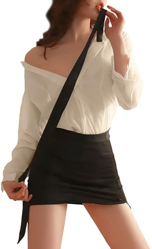 NewBull Sexy Damen Cosplay Kostüme Büro Sekretärin Outfit Transparent Tüll Lehrer Uniform Weißes Hemd + Minirock + Krawatte Dessous-Sets Maid Kawaii Rollenspiel Halloween Nachtclub Kleidung