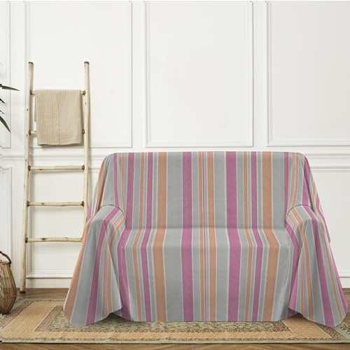 PENSIERI DELICATI Telo Copridivano 220 x 290 cm Made in Italy, Telo Copritutto 100% Cotone Puro Riciclato Tinto in Filo con Riga Alternata Rodry Fucsia e Arancio, Ideale Come Telo Arredo, Salva Divano