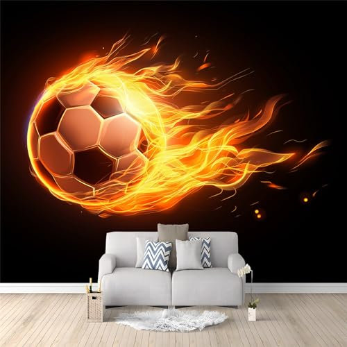 Fotomurales Papel pintado 200 x 140 cm Balón De Fútbol Llameante Papel pintado tejido no tejido Decoración de Pared decorativos Murales Moderna Diseno Fondo Negro
