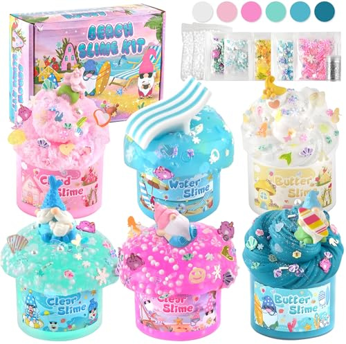 LAWOHO 6 Meerjungfrau Gnomes Slime Set- Wolkenschleim, Butterschleim, Water & Clear Slime, Kinder Schleim Set mit GNOME Add-ins, Fluffy Schleim Kits für Mädchen & Jungen, 360ml Blau & Rosa Ostern Kit