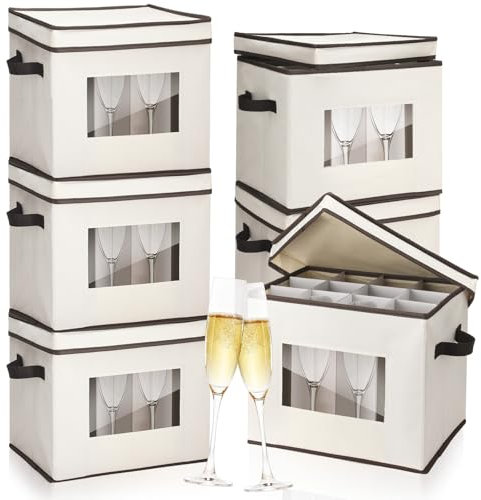 Uiifan Lot de 6 boîtes de rangement pour verres à vin avec séparateurs, 12 compartiments pour verres à pied, flûtes à champagne, boîte de rangement avec couvercle et fenêtre pour déménagement (beige)