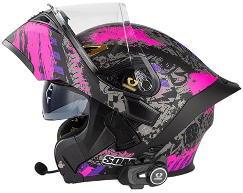 RYDZCLH Casque De Moto Rabattable avec Fonction Interphone Bluetooth, Casque Intégral Modulaire avec Double Pare-Soleil, Casque De Moto Approuvé Dot pour Hommes Et Femmes,Violet,M 57~58cm