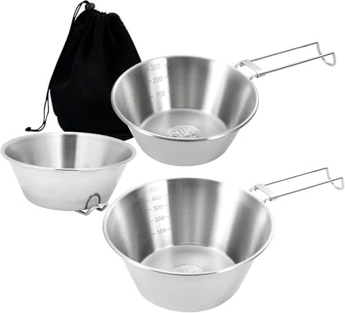 AUSYIWI 3 Pezzi Ciotole da Campeggio in Acciaio Inox con Manico Pieghevole Leggero e Portatile Camping Cup Bowl Set Ideale per il Campeggio all'Aperto, l'Escursionismo e il Picnic