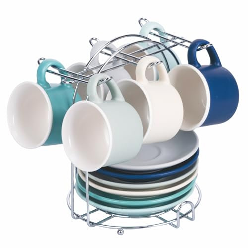Villa d'Este Home Tivoli Shades of Ocean - Juego de 6 tazas de café de 90 ml con platillo, de porcelana, con soporte de hierro