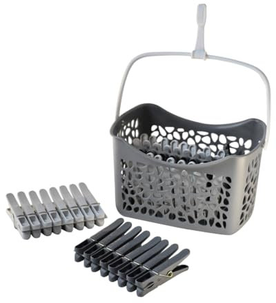 LAGUELLE - Cesto + 48 mollette per biancheria in plastica, 100% riciclate e riciclabili, realizzate in Francia, anti-UV e protezione morbida per le biancheria, colore: bianco e grigio