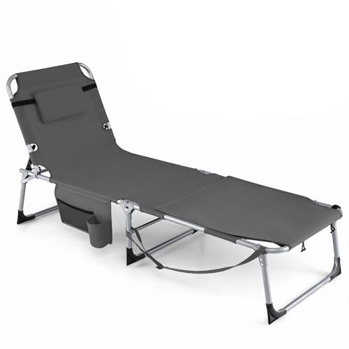 GIANTEX Klappbare Sonnenliege mit Gesichts- & Armlöchern, 5-Fach Verstellbarer Liegestuhl Outdoor, mit Kissen & Seitentasche, Relaxliege belastbar bis 180kg, 154 x 60 x 84 cm (Grau)