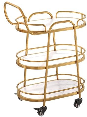 Barwagen mit 3 Etagen, Rotgold, mit feststellbaren Rädern, Marmor-Tischplatte, Weinregal und Leitplanke, stilvoller rollender Alkoholwagen für Wohnzimmer, modernes Design