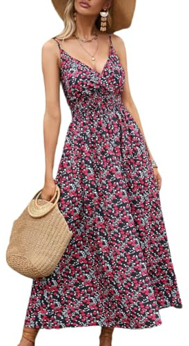 XIVISTO Abito Spaghetti Donna Maxi Estivo Elegante e Leggero Vestito Scollo a V Floreale con Spaghetti per Occasioni Casual e Serate