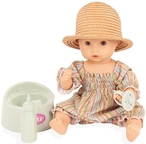 Götz 2553159 Sleepy Aquini Girl Beach Vibes Puppe 33 cm Badepuppe 6-TLG | für Kinder ab 18 Monaten, Babypuppe, ohne Haare, Hartkörper, braune Schlafaugen, Trink-/Töpfchenfunktion, Flasche, Schnuller