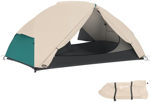 Outsunny Tenda da Campeggio 2 Posti con 2 Vestiboli, Tenda a Cupola Impermeabile con 2 Porte, 2 Finestre a Rete, Tasche Interne e Borsa di Trasporto per Trekking, 280x225x110 cm, Beige