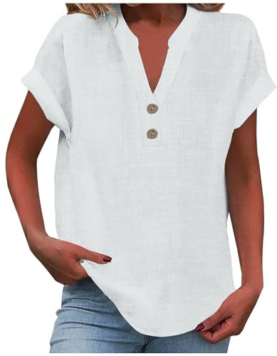 Leinenbluse Damen Elegante Sommer Baumwolle Leinen Tshirt Leinenshirt Lose Kurzarm Blusen Frau Longshirt Oversized Tee Tops Teenager Mädchen Freizeit Longbluse Leinenhemd Große Größen Bluse Oberteile