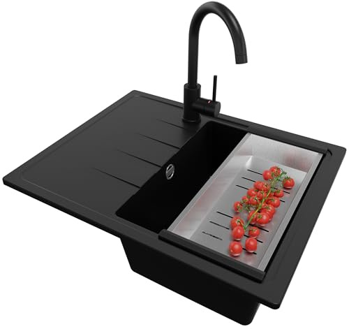 PRIMAGRAN Evier Cuisine en Granit Noir 62x50cm, Lavabo 1 bac + Robinet 32x20cm + Kit de Vidage, Évier à Encastrer au Meuble 40cm - Milan S050