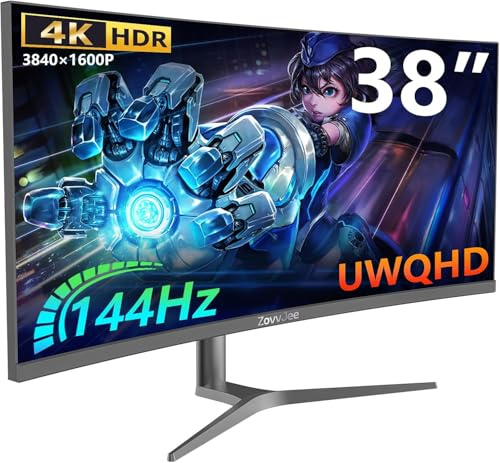 ZovvJee 96.5 cm Ultrawide Curved Gaming Monitor - 144Hz, UWQHD 3840x1600, 1ms, AMD FreeSync, HDR, 99% sRGB, Anti-Blaulicht, VESA-Halterung, HDMI & DP, Verstellbarer Ständer