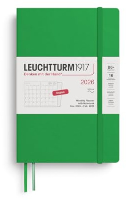 LEUCHTTURM1917 372793 månadsplanerare och anteckningsbok paperback (B6+) 2026, 16 månader, softcover, fjäderblad, engelska