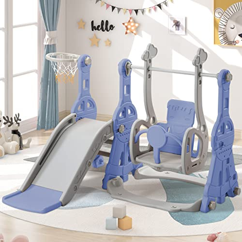 BestAlice 4 in 1 Set von Rutschen für Kinder für drinnen und draußen, Spielplatz mit Schaukel, Basketballkorb, Kletterleiter, Spielset für drinnen und draußen, 18 Monate+ (Blau)
