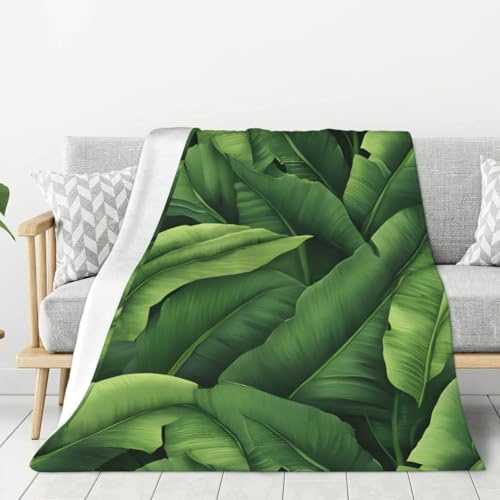 VPPUR Coperta spessa con foglie di banano, stampa verde, per letto, campeggio, viaggi, flanella, leggera, calda, comoda coperta per divano
