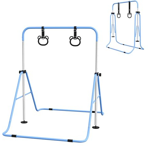 HOMCOM Barra de Gimnasia para Niños con Altura Ajustable en 5 Niveles y Anillos, Barra de Entrenamiento de Gimnasia Plegable en Casa, Azul