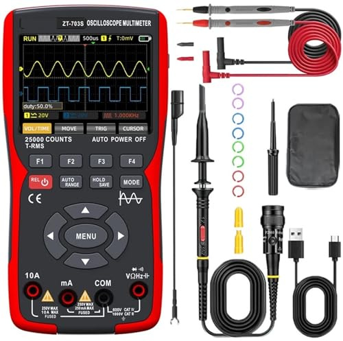 Multimetro Digital, Multímetro osciloscopio 3 en 1 con pantalla IPS de 3,5 pulgadas, 25000 cuentas, ancho de banda de 50 MHz de doble canal, 280 MSa/s de alta resolución.