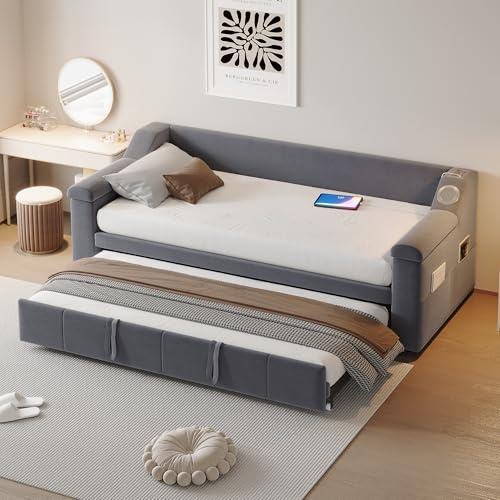 Stoppad säng bäddsoffa. 90/180 x 190 cm. Armstöd bredare och tjockare. Med smart bluetooth stereosystem med USB-laddningsport Förvaringslådor Med ribbotten. Sammetstyg Grå