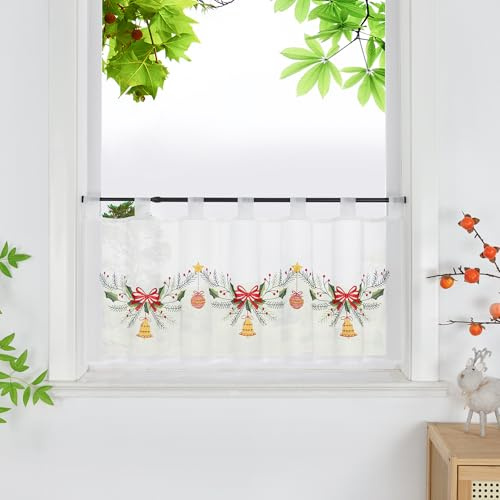 HeichkelL Scheibengardine mit Schlaufen Weihnachten Kurzstores Transparente Gardine Bistrogardine mit Stickerei Weiß HxB 60x140 cm