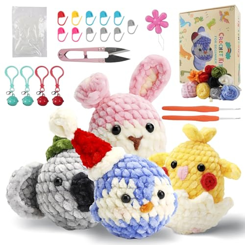 Welhammsae Häkelset für Anfänger, 4 Stück Tier Häckel Kit für Anfänger mit Garn, Häkelnadeln, Füllung, Schritt-für-Schritt-Videoanleitungen, Amigurumi Crochet Set für Erwachsene-Kaninchen-Huhn