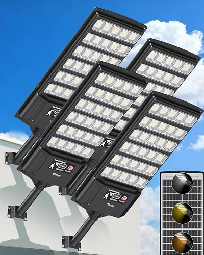 Ofuray Lampadaire Solaire Exterieur, 6AH Lumiere Solaires avec Détecteur de Mouvement, 3 Températures de Couleur 3000K/4000K/6500K, Puissant Projecteur Led Exterieur pour Jardins, Parkings, 4 Pack