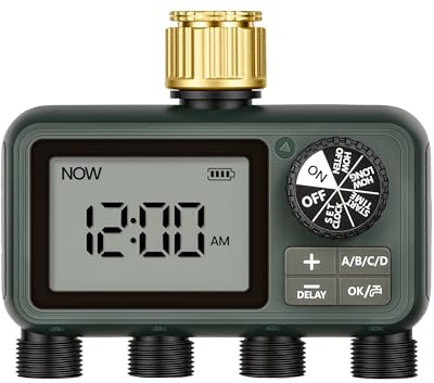 WILAWELS Programador de Riego de 4 Válvulas, Ordenador de Riego Automático, Temporizador para Grifo de Manguera de Jardín, Función de Retraso por Lluvia, Patio y Césped, Verde Oscuro