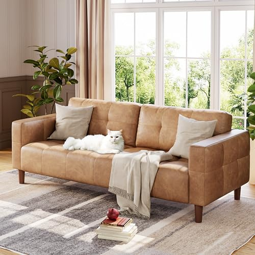 IDEALHOUSE 3-Seater Sofa Couch, 83 in Wide Faux Leather Sofa Couch with Spring Cushion, Modern Sofa with Deep Seats and 2 Removable Back Cushions, for Living Room, Bedroom, Apartment, Brown