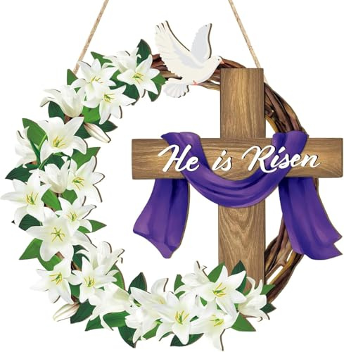 He is Risen Wooden Easter Sign Letrero de Cruz para Puerta Adornos de flores de lirio de Jesús Cristiano para colgar (Morado A)