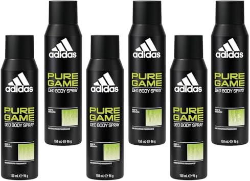 6x adidas Men Pure Game Deodorant Bodyspray intensive Frische dauerhafter Schutz vor Gerüchen und Schweiß mit 48 Stunden Schutz gegen starkes Schwitzen und Körpergeruch, 150ml (6er Pack)