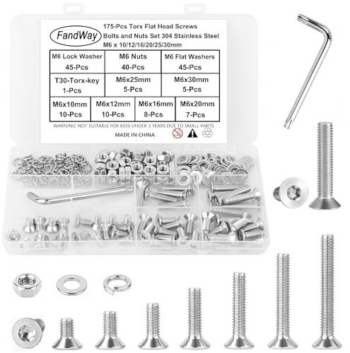 M6 Torx Schrauben Set,175 Stück Edelstahl 304 Torx Senkkopfschrauben Gewindeschrauben,Flachkopfschrauben Maschinenschrauben Muttern und Unterlegscheiben Sortiment mit T30 Bits.