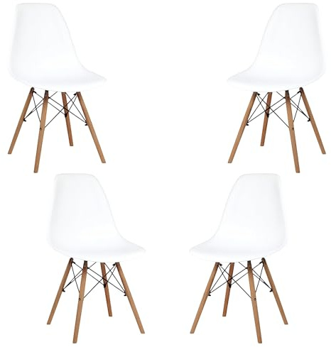 Samborella Pack 4 sillas de Comedor Modernas, Estilo nórdico, Asiento de plástico y Patas de Madera, sillas para Cocina y salón (Blanco)