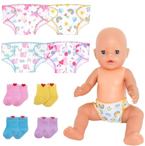 Baby Puppenwindeln für 30–43 cm Puppens, 4 Paar Puppen Nappies + 4 Paar Puppensocken, Spitzen Wiederverwendbar puppenwindeln, Puppen Windel / Nappy Stil in Rosa Blau Lila Gelb, Geschenk für Kinder