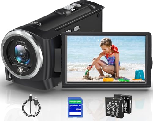VENOPTIX Caméra vidéo 2,7 K Zoom numérique 16x QHD 50 MP YouTube Vlogging Webcam Webcam à écran rotatif à 270 degrés avec carte SD 32 G et 2 batteries d'enregistrement pendant la charge