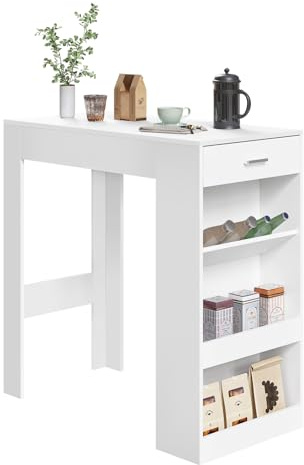 WOLTU Bartisch, Stehtisch mit 1 Schublade & 3 Ablagen, Küchentisch mit Weinregal, Bistrotisch für Bar Küche Wohnzimmer Esszimmer (Mit Brett, Weiß, 100 x 50 x 100 cm)
